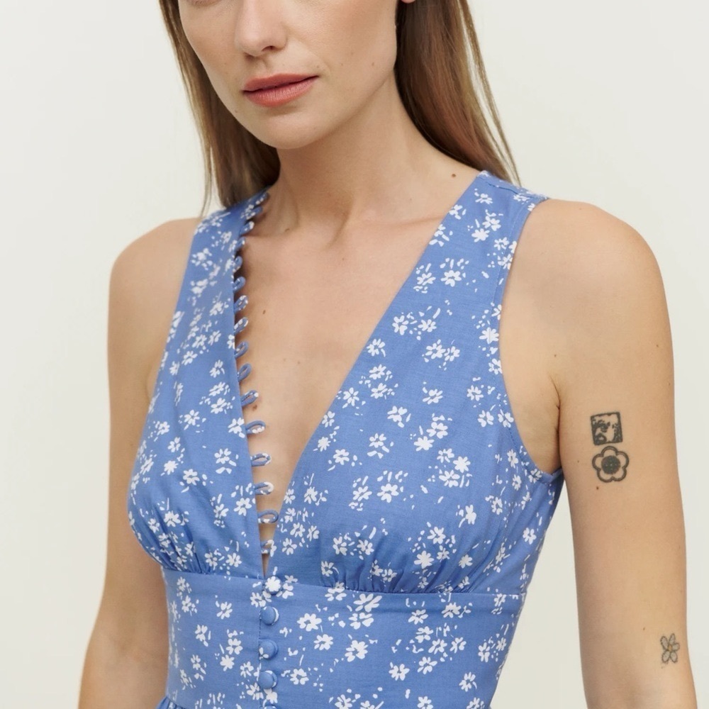 Reformation Isador Cotton Floral Button V Neck A Line Mini Dress Lassen Blue - Picture 4 of 10